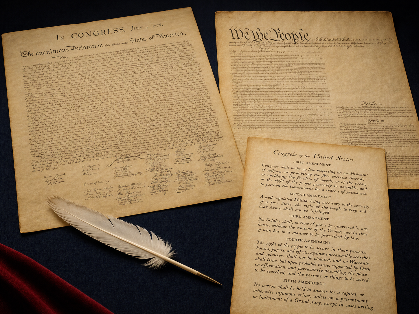 The Declaration of Independence, Constitution, and Bill of Rights displayed clearly together